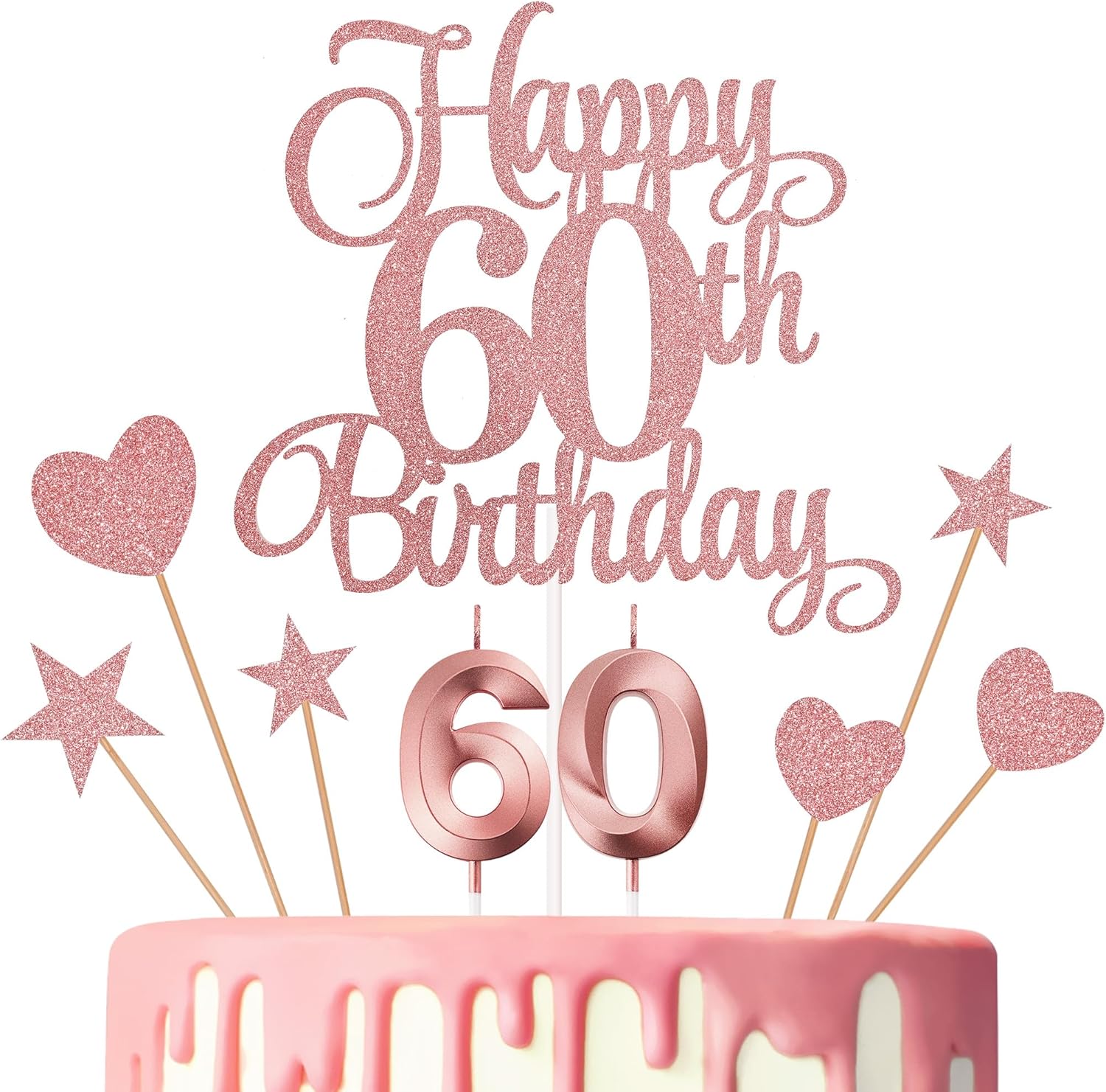 60th Birthday Cake Toppers, 60th Birthday Candles Numeral Candles and Glitter Cake Decorations Toppers Set for Party Supplies (Rose Gold)