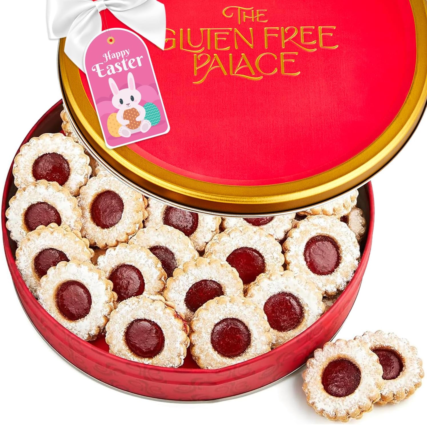 Gluten Free Palace Cookie Gift Basket - Gourmet Raspberry Linzer Tart Cookies in Elegant Red Tin - Gluten Free, Dairy Free, Kosher - Shortbread Cookies Gift Box for Easter & Birthday Dessert Treats (21 Cookies)