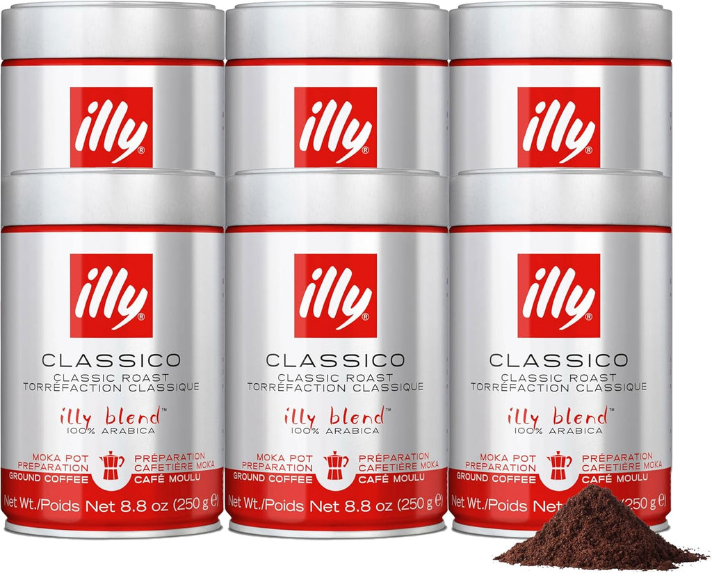 illy Ground Moka Coffee, Classico Medium Roast, 100% Arabica, Premium Italian Coffee, Pre-Ground for Moka Pot or Stovetop Brewing, 8.8oz, 6 Pack