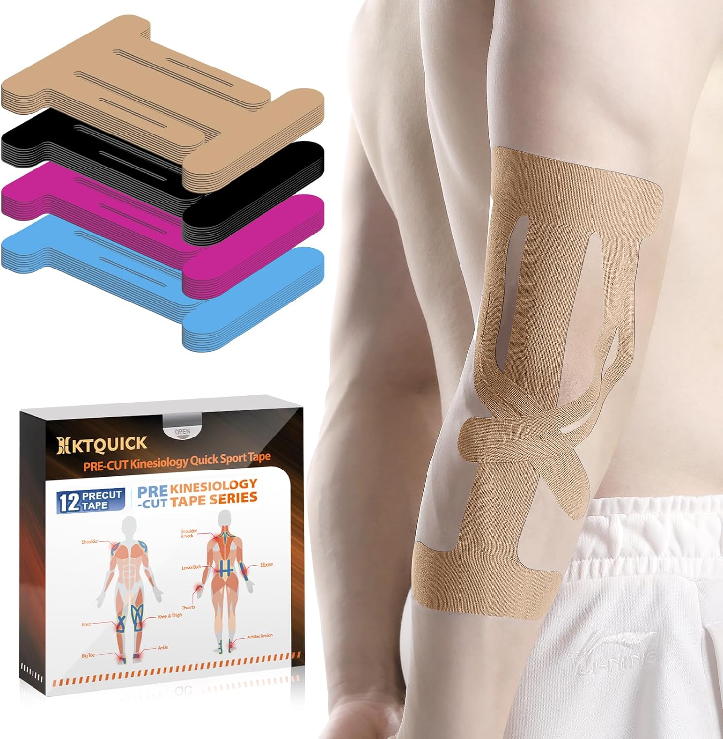 12 Count Kinesiology Tape for Elbow, Pre-Cut Waterproof KTquick Elbow Tape for Elbow Pain Relief Pre Cut, Original Cotton Athletic Tape, Durable Knee Tape for Sports and Long-Lasting Support (Beige)