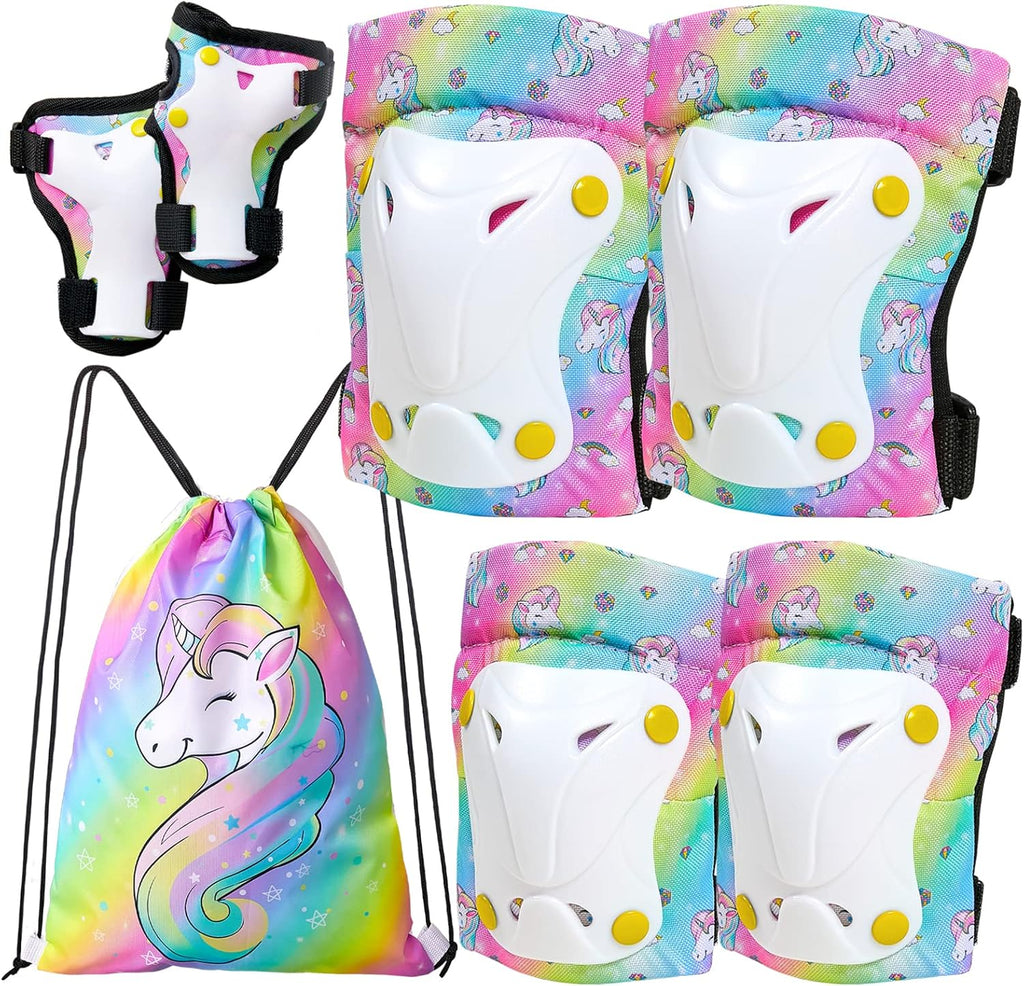 FIODAY Knee Pads for Kids Toddler Knee Pads and Elbow Pads Wrist Guards with Drawstring Bag Adjustable Protective Gear Set for Girls Boys Skating Cycling Skateboard Scooter,3-8 Years,Rainbow