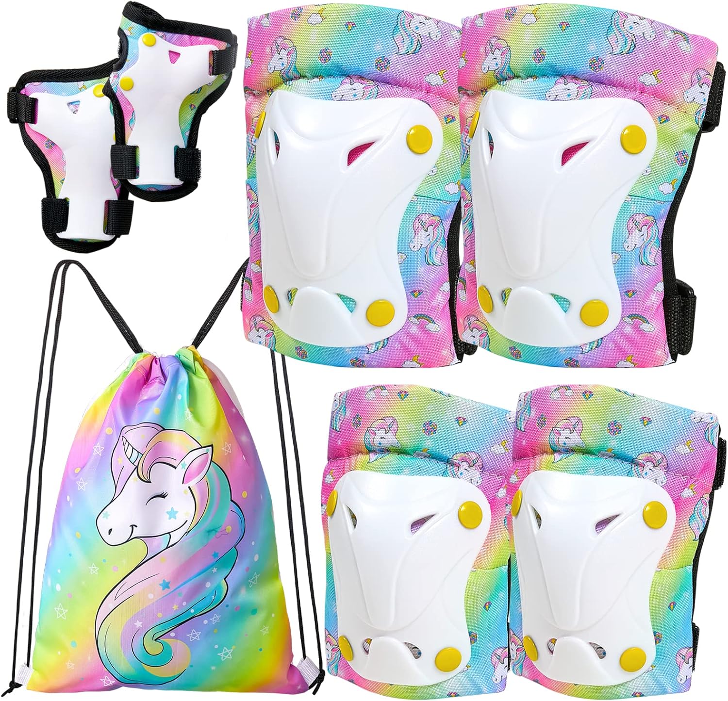 FIODAY Knee Pads for Kids Toddler Knee Pads and Elbow Pads Wrist Guards with Drawstring Bag Adjustable Protective Gear Set for Girls Boys Skating Cycling Skateboard Scooter,3-8 Years,Rainbow