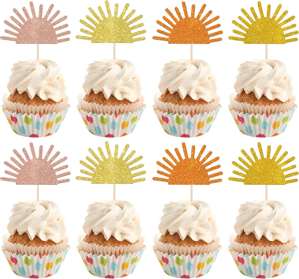 Rsstarxi 24 Pack Glitter Sun Cupcake Toppers Baby Shower Sunshine Party Cake Decorations Sunshine Cupcake Picks for Sun Theme Baby Shower First Birthday Party Decorations