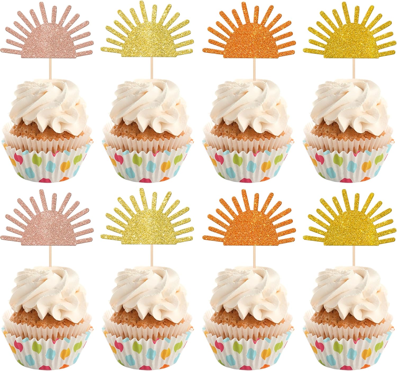 Rsstarxi 24 Pack Glitter Sun Cupcake Toppers Baby Shower Sunshine Party Cake Decorations Sunshine Cupcake Picks for Sun Theme Baby Shower First Birthday Party Decorations
