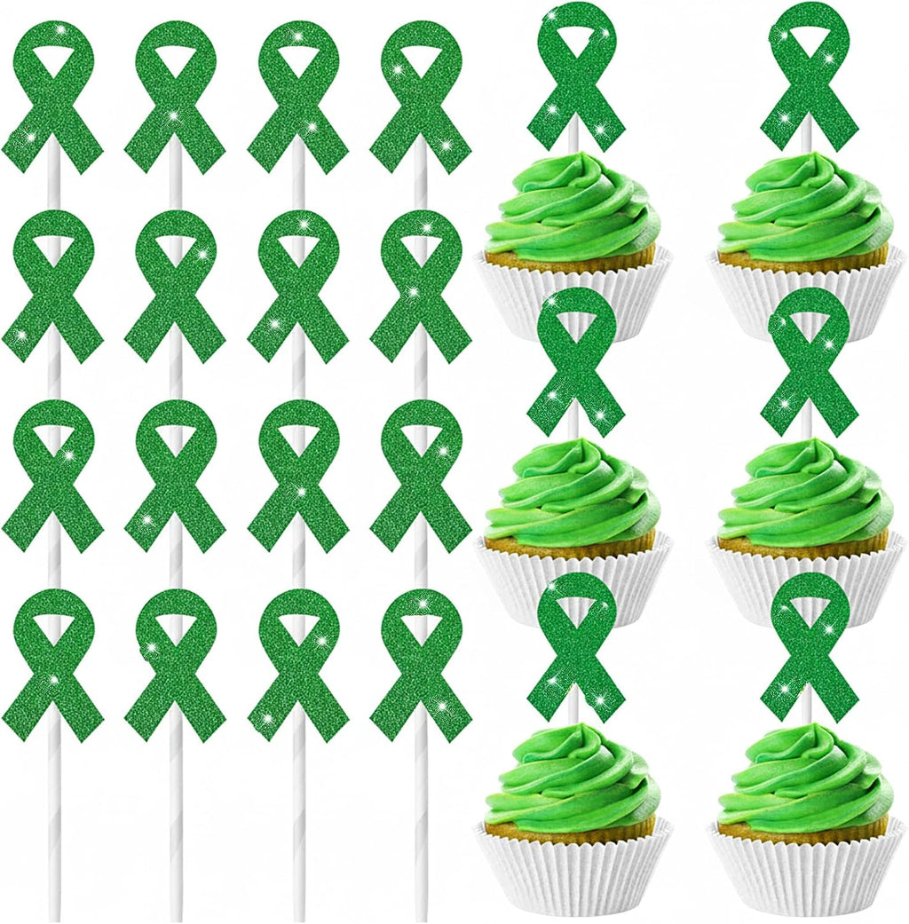 Marspark 48 Pieces Green Ribbon Cupcake Toppers Picks Cake Decorations Mental Health Awareness Cake Topper for Psychology Awareness Party