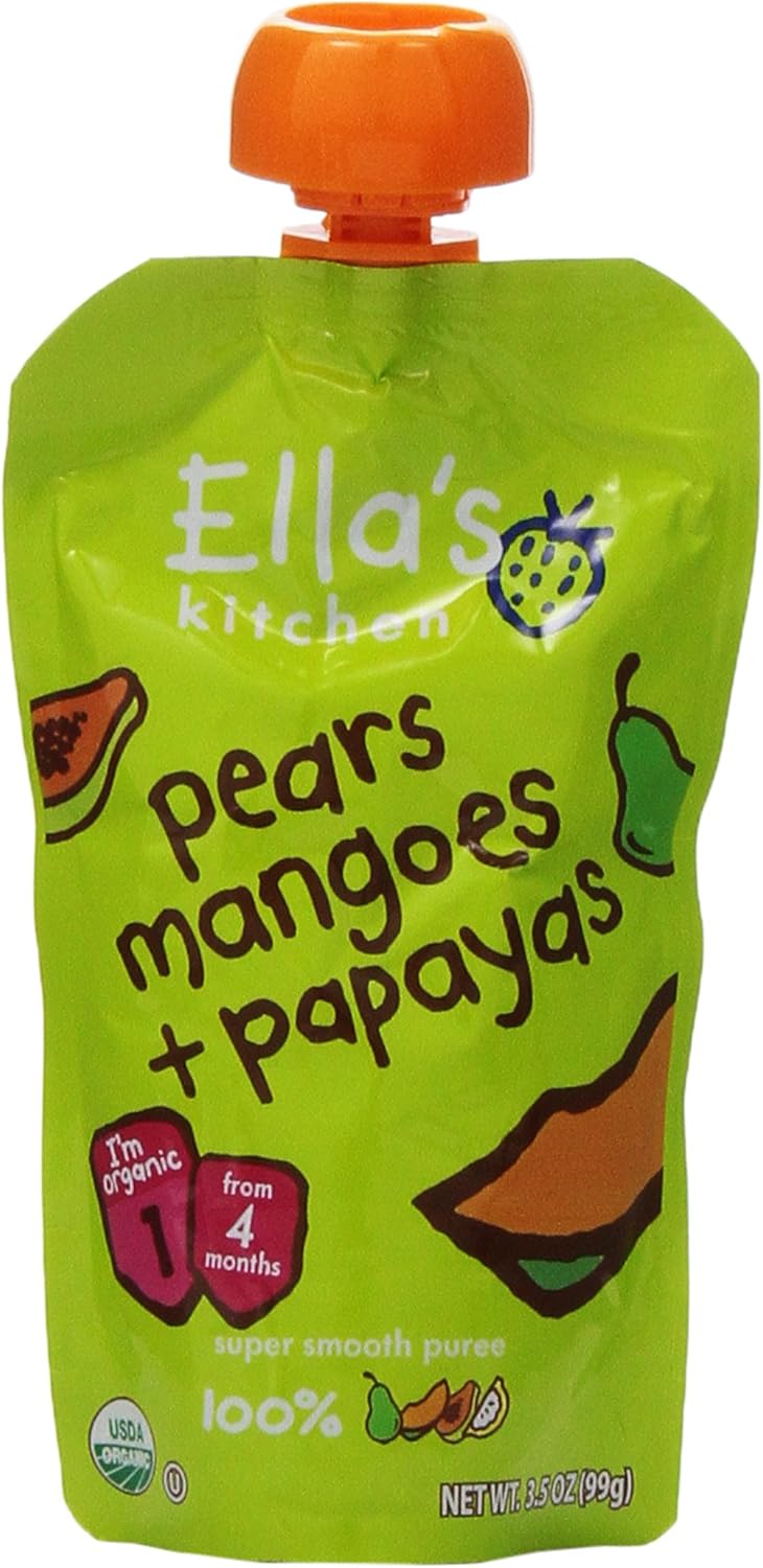 Ella's Kitchen Organic 4+ Months Baby Food, Pears, Mangoes and Papayas Fruit Puree, 3.5 oz. Pouch