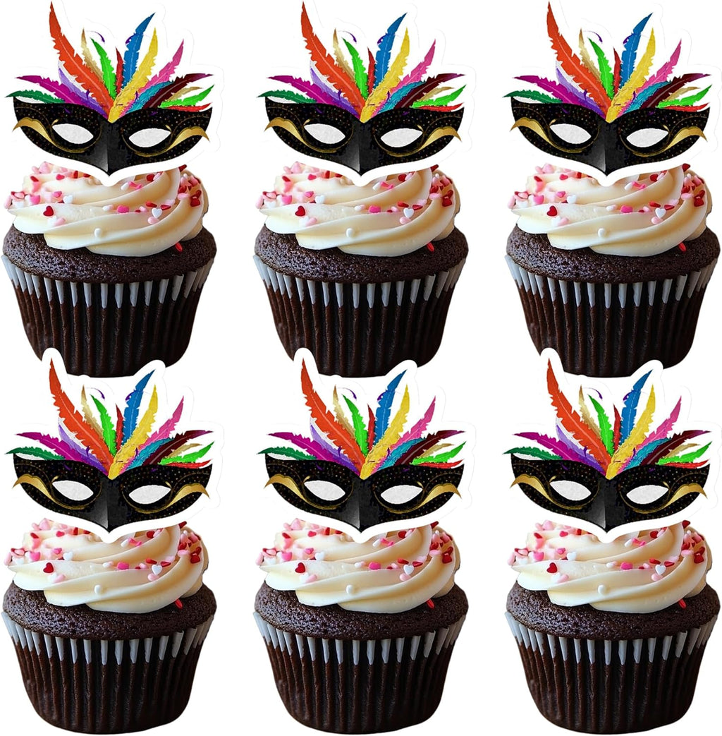 50 PCS Edible Masquerade Masks Cupcake Toppers Wafer Paper Mardi Gras Cupcake Picks Edible Masquerade Masks Party Decorations for Mardi Gras Mask Theme Bachelorette Party Decoration Supplies