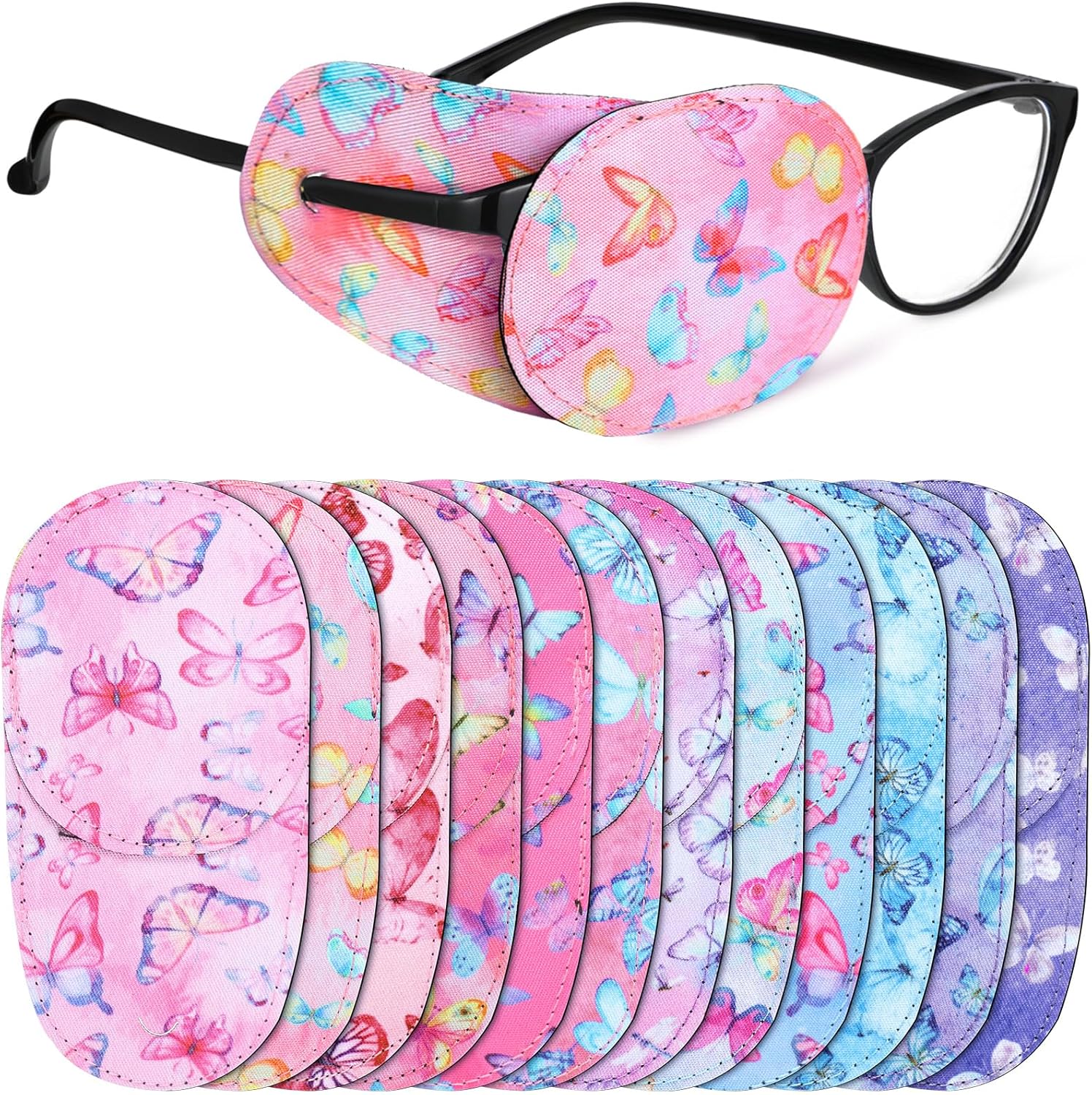 Newcotte 12 Pcs Eye Patch for Kids Toddler Reusable Adjustable Girls Boys Eyepatch for Glasses Left or Right Eye Patch, Assorted Patterns(Butterfly)