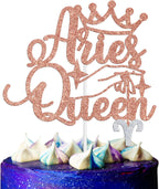 Aries Queen Cake Topper, Aries Season/12 Zodiac Constellation Theme Cake Decor, Big Aries Energy Birthday Party Decoration Supplies for Women, Rose Gold Glitter