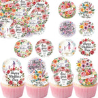 36pcs Edible Floral Happy Mother's Day Cupcake Toppers Wafer Paper Love Mom Cupcake Picks Edible Flower Mother’s Day Cake Toppers for Best Mom Mother's Day Theme Party Supplies