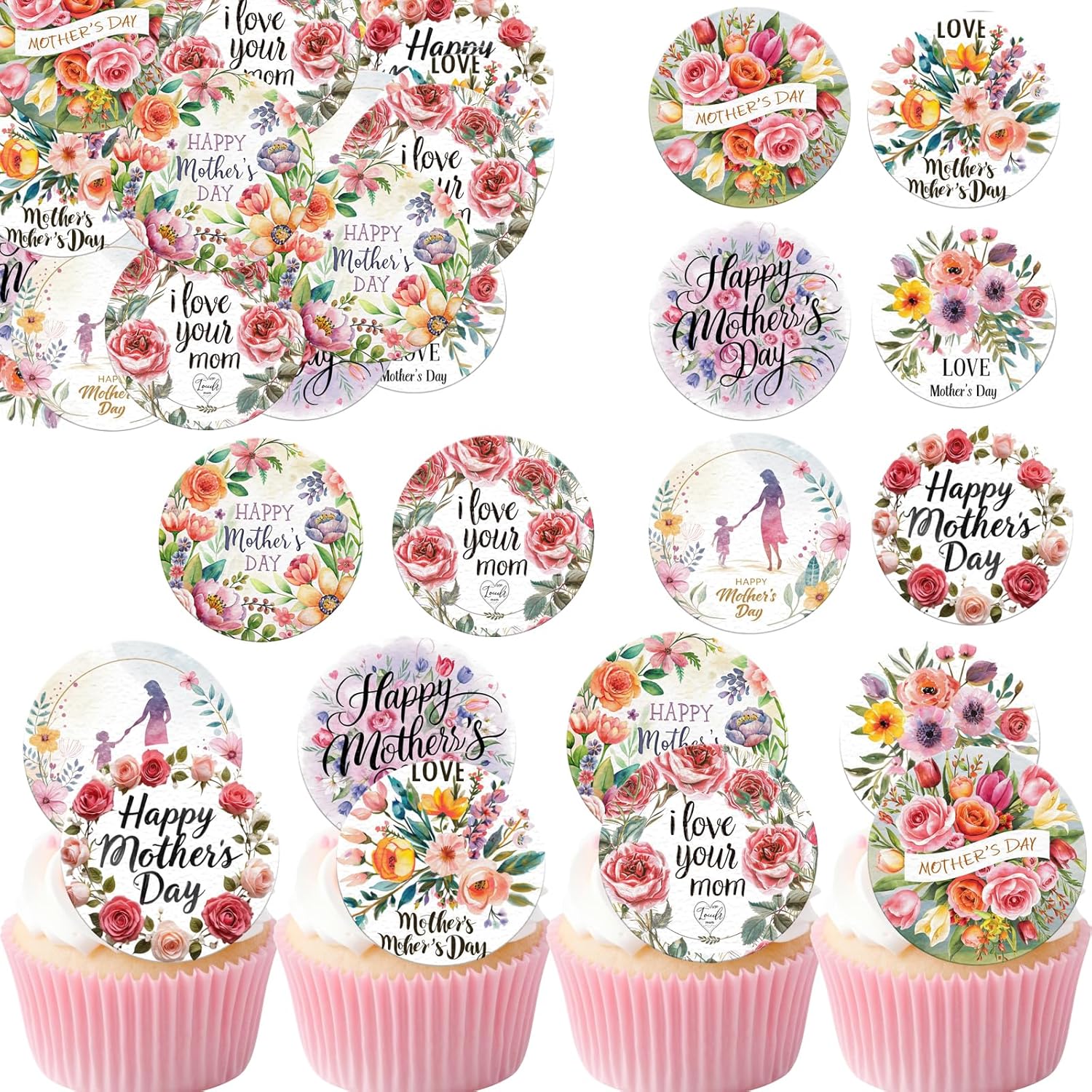 36pcs Edible Floral Happy Mother's Day Cupcake Toppers Wafer Paper Love Mom Cupcake Picks Edible Flower Mother’s Day Cake Toppers for Best Mom Mother's Day Theme Party Supplies