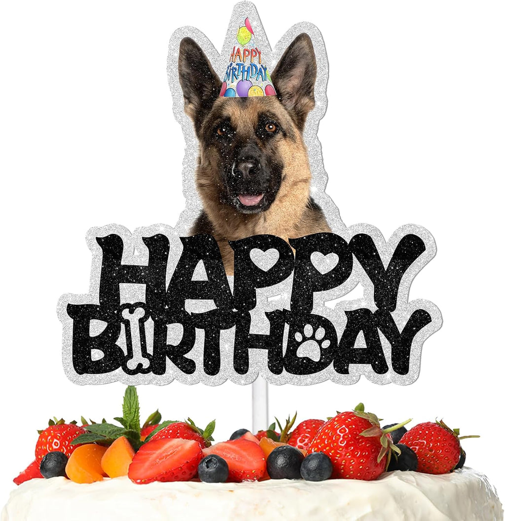 Glitter Brown German Shepherd Dog Hat Cake Topper Lovely Puppy Animal Theme Decor Supplies for Men Women Happy Birthday Pet Lover Party Decorations