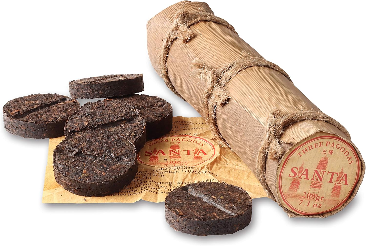 Three Pagodas - Puerh Tea in Bamboo Leaf Tube (80 Cups) Ripe Pu Erh Mini Cakes (7.1 Ounce) 200g Chinese Aged Shou Pressed Fermented Black Puer Cakes