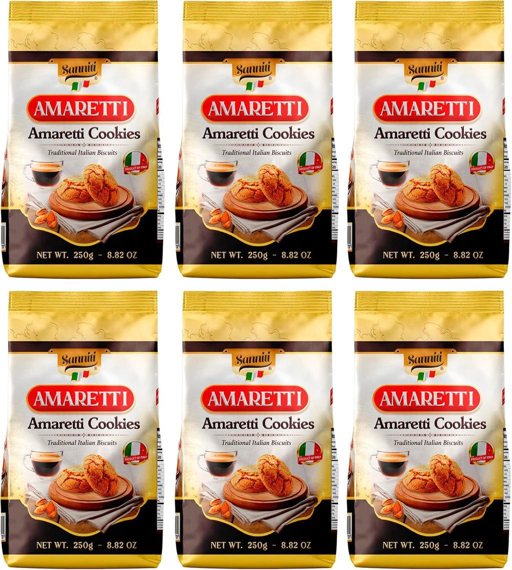 Sanniti Amaretti Italian Cookies, 8.8 oz | Classic Crisp Amaretti Biscuits | Authentic Italian Almond Flavor | Traditional Crunchy Cookie for Coffee, Tea & Desserts [Pack of 6]