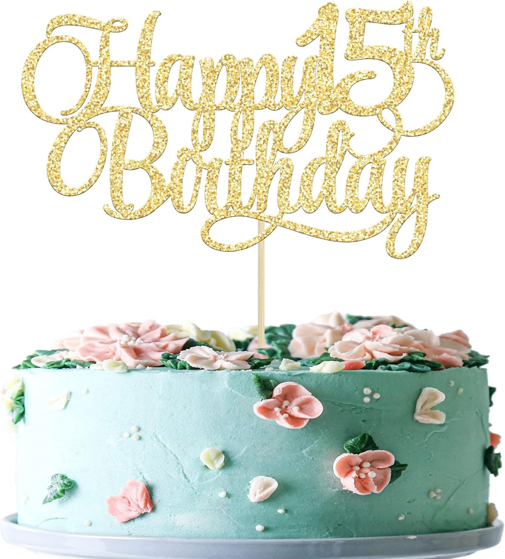 1 Pack Happy 15th Birthday Cake Topper Glitter Number 15 Fifteen Years Old Birthday Cake Pick Decoration for 15th Birthday Celebrating Anniversary Party Supplies Gold