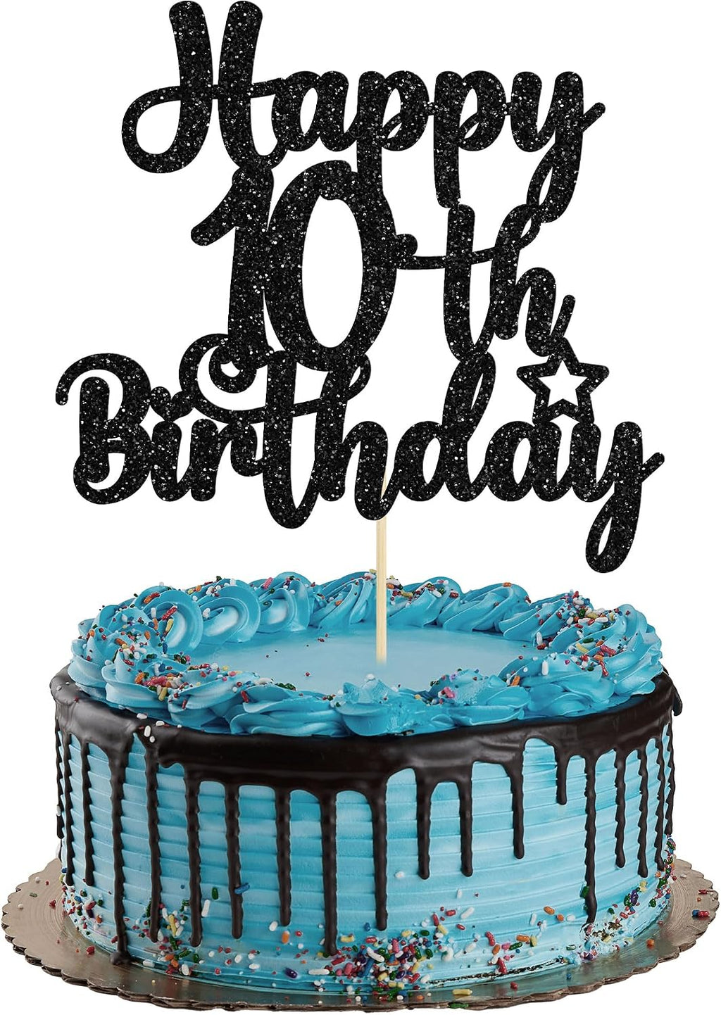 Gyufise 1Pc Happy 10th Birthday Cake Topper Glitter 10 & Fabulous Cheers to 10 Years Old Birthday Cake Pick for Celebrating 10th Birthday Anniversary Party Cake Decorations Supplies Black