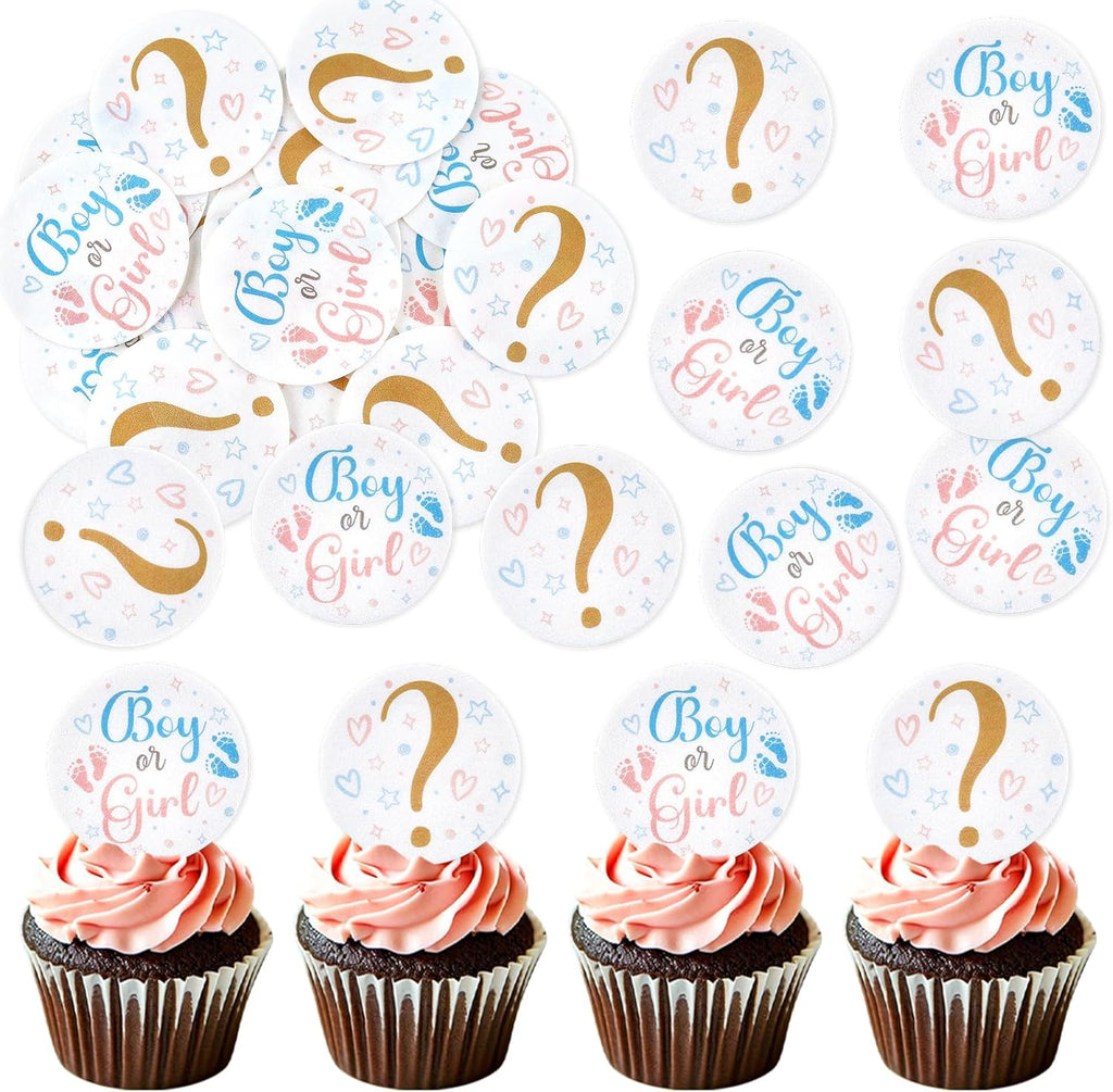 40Pcs Edible Boy or Girl Cupcake Toppers Edible Circle Gender Reveal Cupcake Picks for Baby Shower New Born Baby Birthday Party Pink or Blue Girl or Boy Party Decorations