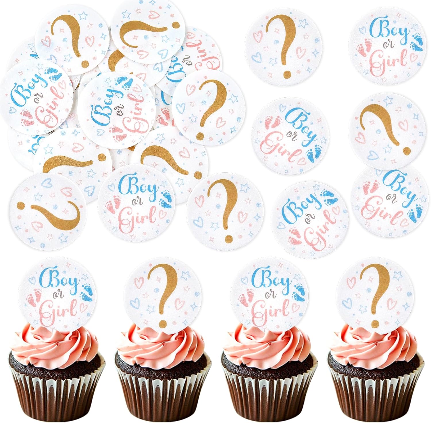 40Pcs Edible Boy or Girl Cupcake Toppers Edible Circle Gender Reveal Cupcake Picks for Baby Shower New Born Baby Birthday Party Pink or Blue Girl or Boy Party Decorations