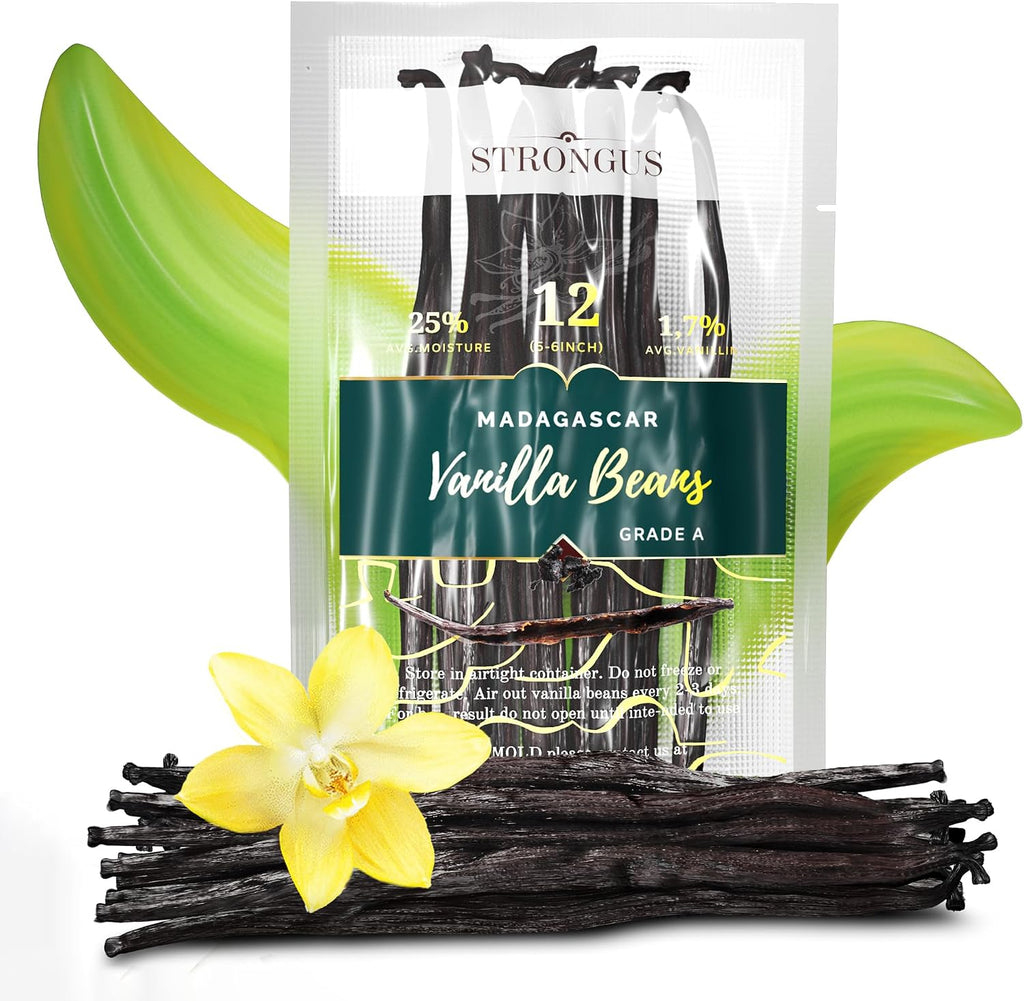 Strongus Madagascar Vanilla Beans - Vacuum Sealed Grade A Vanilla Pods - Rich, Creamy Flavor & Aroma -Great for for Baking, Homemade Extract, Paste, Brewing, Coffee, Cooking - 5-6", 12-Pack