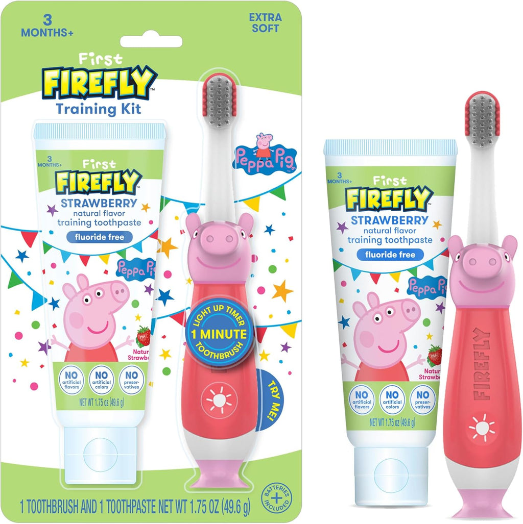 First Firefly Peppa Pig Training Kit, Light Up Toothbrush with Extra Soft Bristles and Natural Strawberry Flavor Training Toothpaste, 1.75 oz