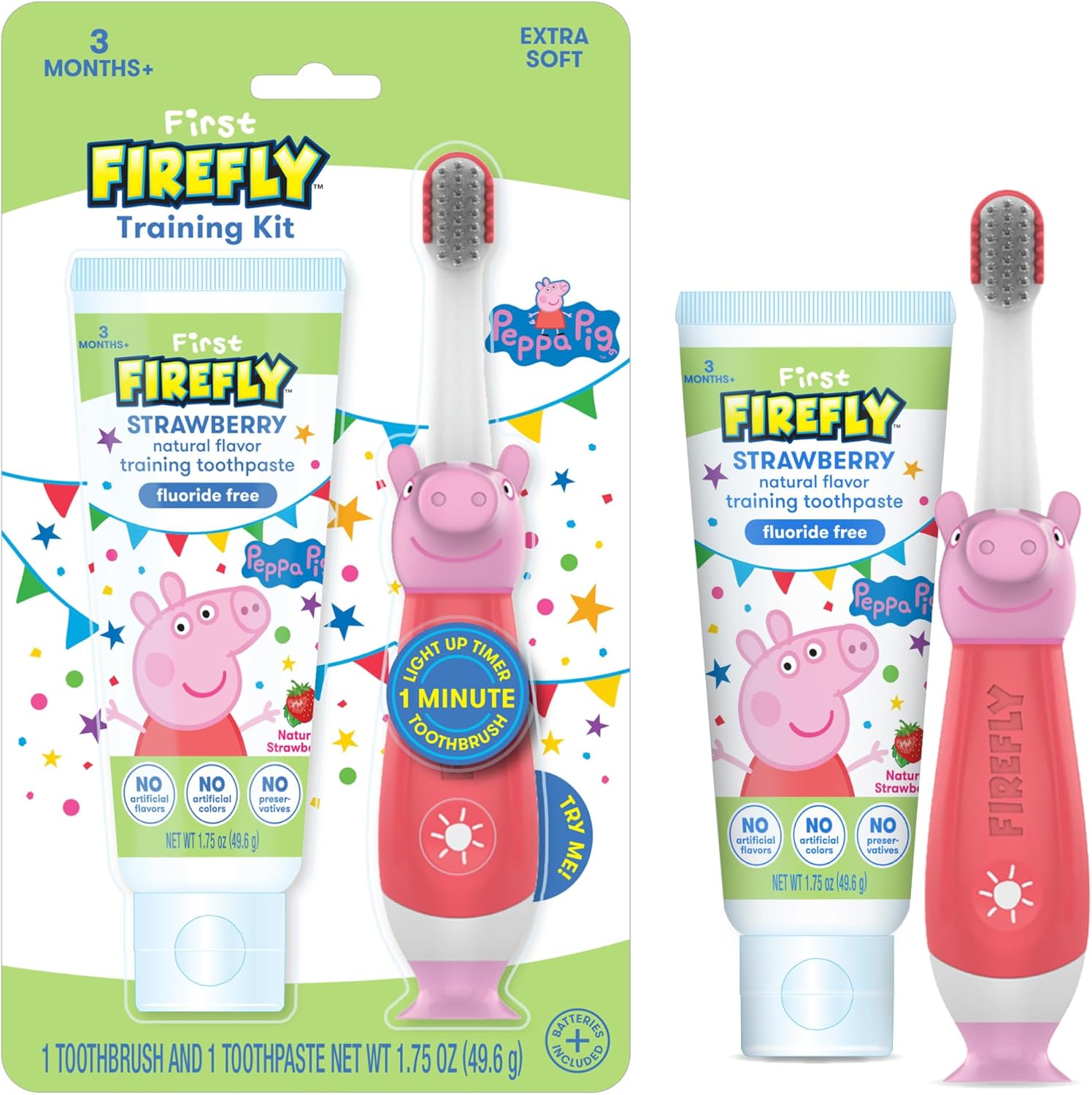 First Firefly Peppa Pig Training Kit, Light Up Toothbrush with Extra Soft Bristles and Natural Strawberry Flavor Training Toothpaste, 1.75 oz