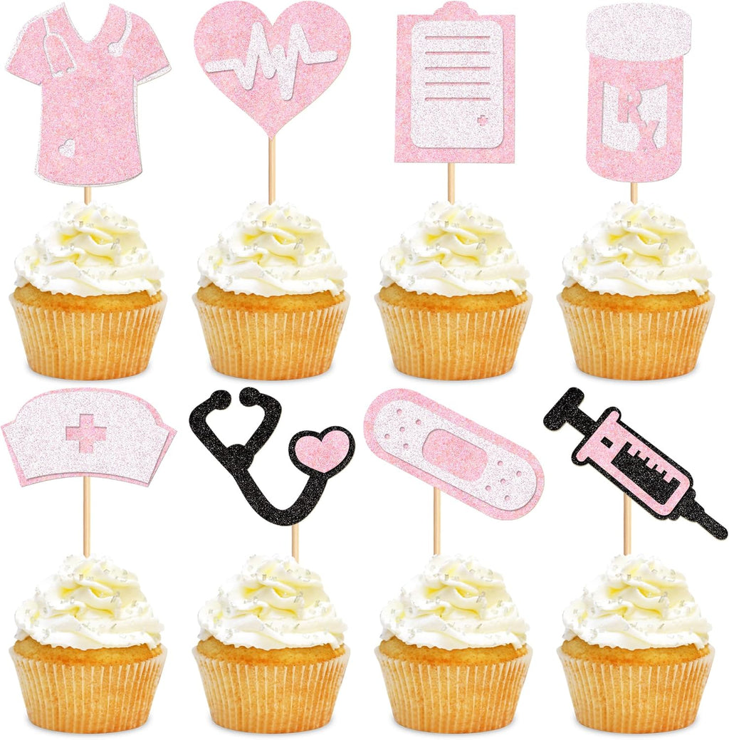 24Pcs Glitter Pink Nurse Cupcake Toppers Syringe Stethoscope Cupcake Picks for Nursing Graduation Cupcake Decors Medical Rn Nurse's Birthday Cupcake Decorations Happy Nurse's Day Party Supplies
