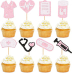 24Pcs Glitter Pink Nurse Cupcake Toppers Syringe Stethoscope Cupcake Picks for Nursing Graduation Cupcake Decors Medical Rn Nurse's Birthday Cupcake Decorations Happy Nurse's Day Party Supplies