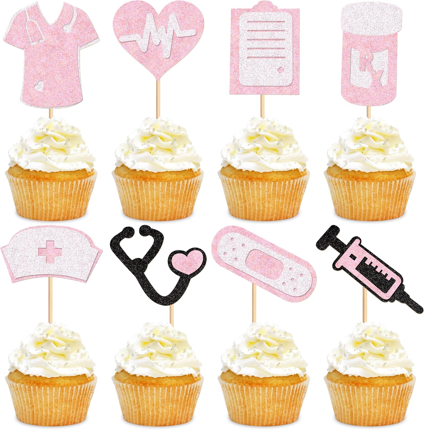 24Pcs Nurse Cupcake Toppers Sparkling and shining Nursing School Graduation Cupcake Picks for Medical Rn Nurse Grad Themed Birthday Party Supplies Pink