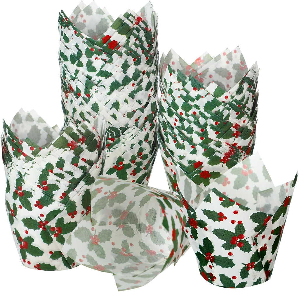 Uiifan 200 Pcs Holly Christmas Tulip Cupcake Liners Christmas Cupcake Wrappers Holly Muffin Liners Holders Tulip Wrappers for Party Decoration