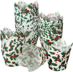 Uiifan 200 Pcs Holly Christmas Tulip Cupcake Liners Christmas Cupcake Wrappers Holly Muffin Liners Holders Tulip Wrappers for Party Decoration