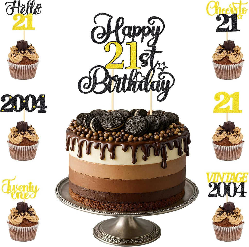 21st Birthday Decorations Cake Cupcake Toppers Set, Black Gold Glitter Happy 21stBirthday Cupcake Cake Topper Birthday Decorations for Him Her Boy Girls Men Women (1piece + 24pcs)