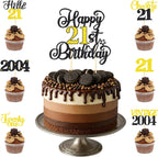 21st Birthday Decorations Cake Cupcake Toppers Set, Black Gold Glitter Happy 21stBirthday Cupcake Cake Topper Birthday Decorations for Him Her Boy Girls Men Women (1piece + 24pcs)