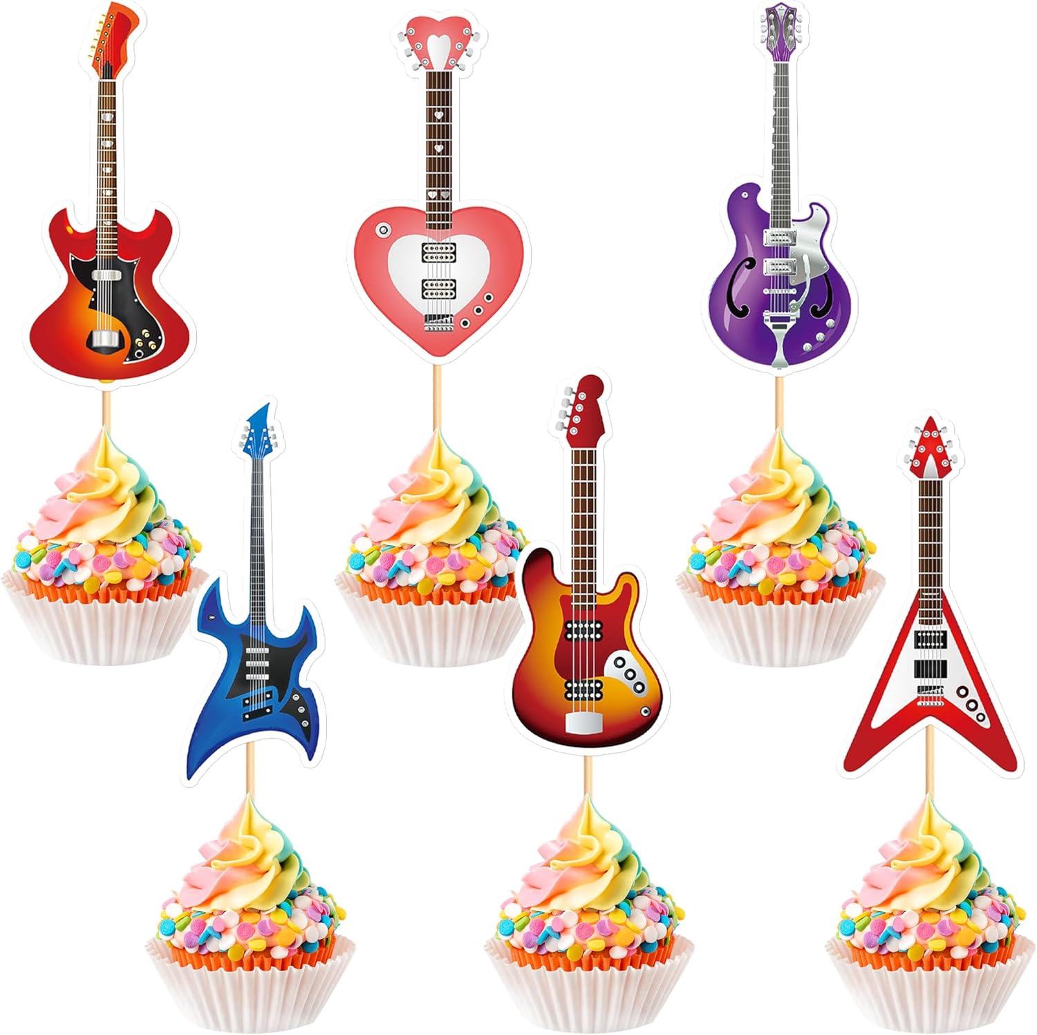 24Pcs Guitar Cupcake Toppers Electric Guitars Cupcake Picks for Guitarist Birthday Cupcake Decorations Music Concert Birthday Party Decoration Rock and Roll Party Supplies