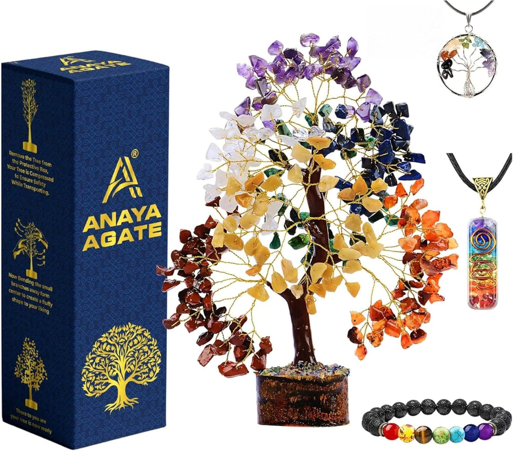 7 Chakra Healing Crystal Tree Kit, Bracelet, Pendant, Necklaces, Handmade Gemstone Money Bonsai Tree of Life Feng Shui Decor for Home Office, Positive Energy, Reiki Healing, for Women