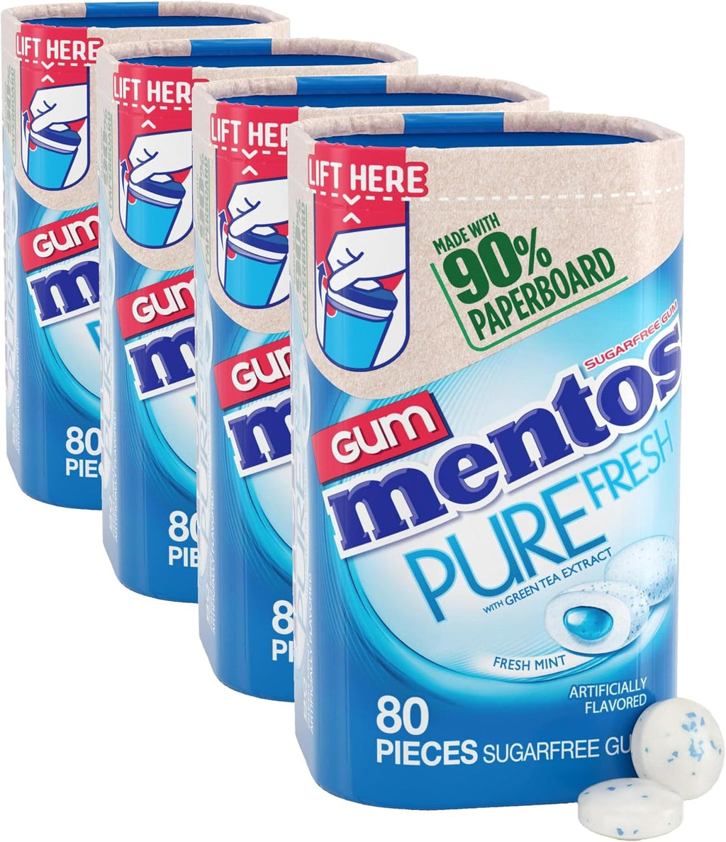 Mentos Pure Fresh Sugar-Free Chewing Gum with Xylitol, Fresh Mint, in a recyclable 90% Paperboard Bottle, 80 Piece (Pack of 4)