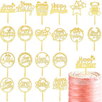 Macarrie 40 Pcs Happy Birthday Cake Topper Gold Acrylic Glittering Cupcake Topper Decorations for Birthday Event Party Supplies, 20 Different Shapes