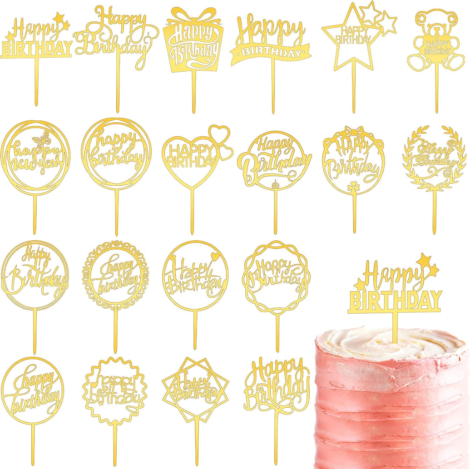 Macarrie 40 Pcs Happy Birthday Cake Topper Gold Acrylic Glittering Cupcake Topper Decorations for Birthday Event Party Supplies, 20 Different Shapes
