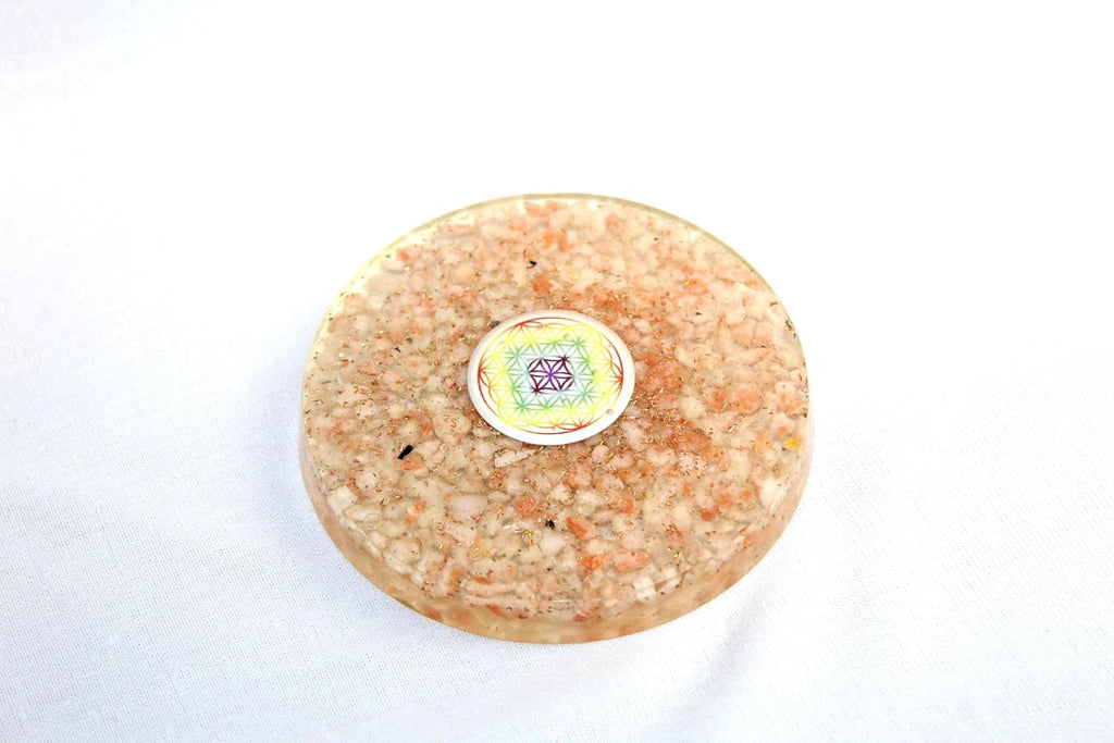 Jet Sunstone Orgone Tea Coaster Flower of Life Round 3.5 Inch Diameter Approx.Round Flower of Life Vastu Plate Positivity, Passion, and Creativity. Image is JUST A Reference