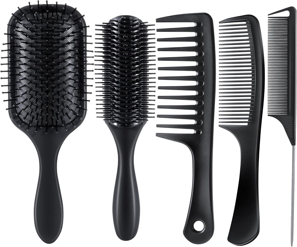 SALONSILK 5PCS Hair Brush Comb Set, Women Men Paddle Styling Hair Brushes Wide Fine Tooth Combs, Rat Tail Parting Barber Professional Set for Detangling, Thick, Natural, Thin, Curly