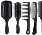 SALONSILK 5PCS Hair Brush Comb Set, Women Men Paddle Styling Hair Brushes Wide Fine Tooth Combs, Rat Tail Parting Barber Professional Set for Detangling, Thick, Natural, Thin, Curly