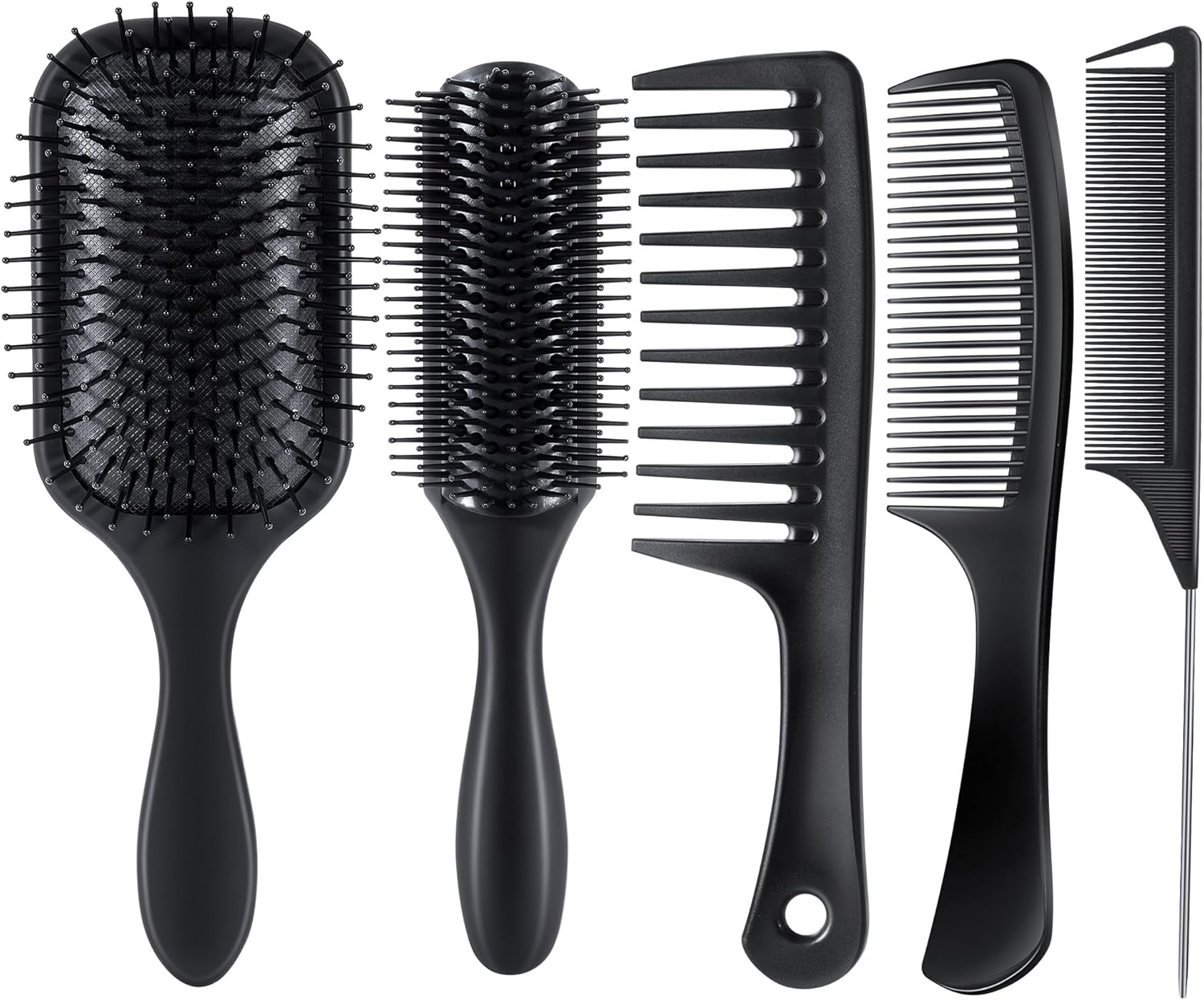 SALONSILK 5PCS Hair Brush Comb Set, Women Men Paddle Styling Hair Brushes Wide Fine Tooth Combs, Rat Tail Parting Barber Professional Set for Detangling, Thick, Natural, Thin, Curly