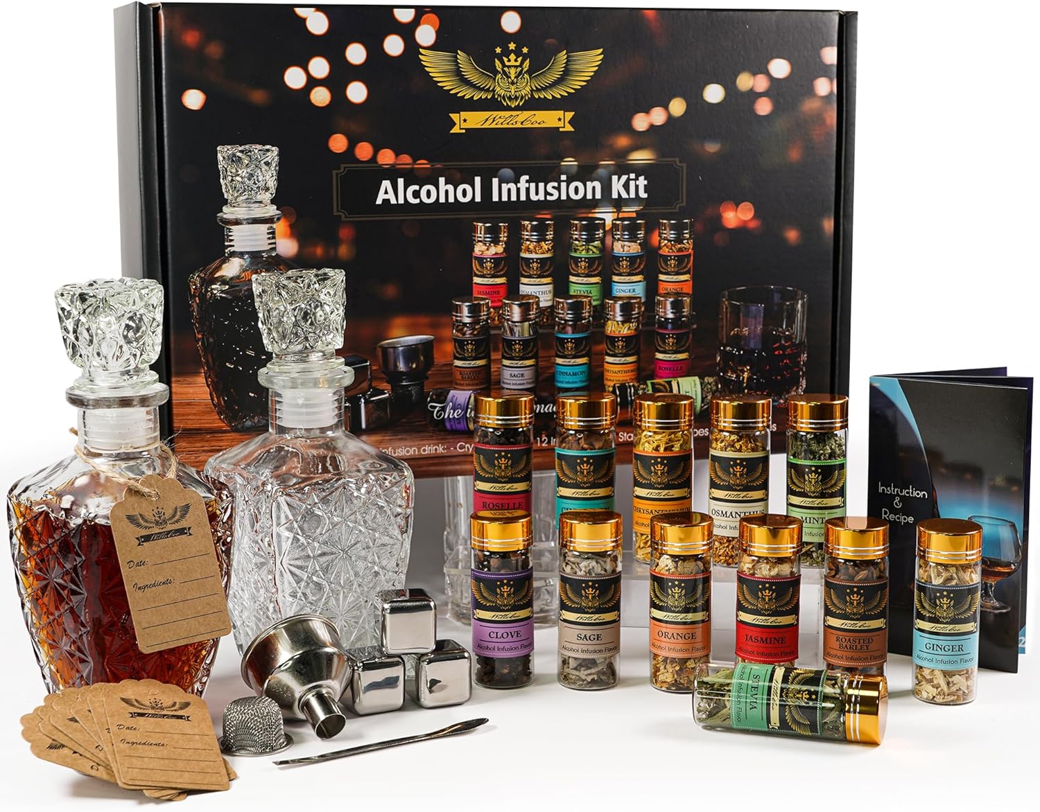 WillsCoo Alcohol Infusion Kit for Infusing Whiskey, Gin, Vodka, Tequila, Rum - DIY Your Own Flavored Spirits with Natural Ingredients - Anniversary, Birthday Gift for Men, Husband