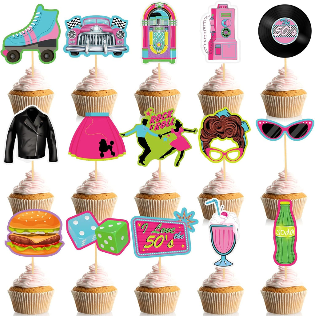 45 Pieces 1950s Cupcake Topper Rock and Roll Music Party Decorations 50s Music Soda Shop Cake Decoration for Retro 60's Theme Party