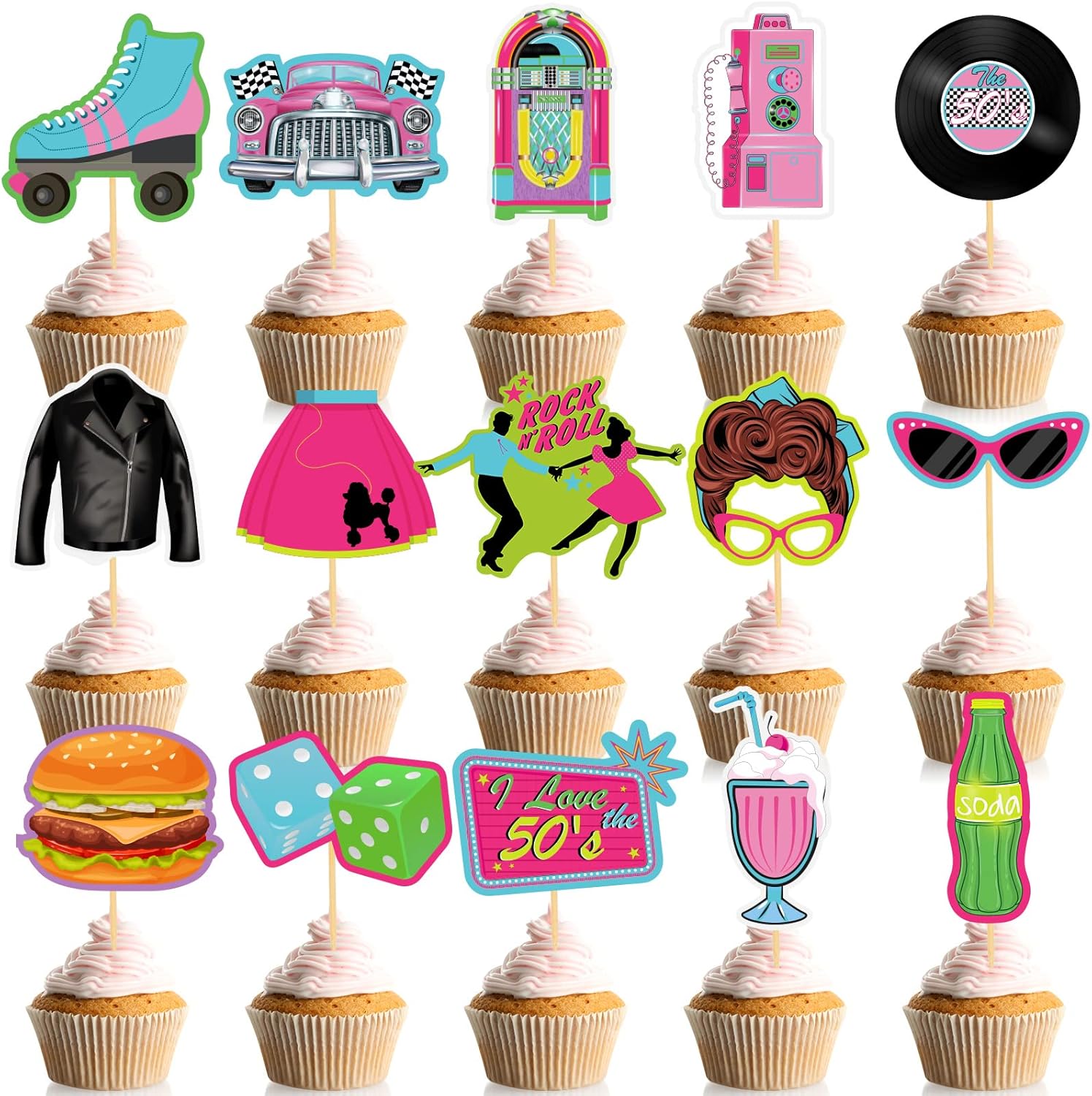 45 Pieces 1950s Cupcake Topper Rock and Roll Music Party Decorations 50s Music Soda Shop Cake Decoration for Retro 60's Theme Party