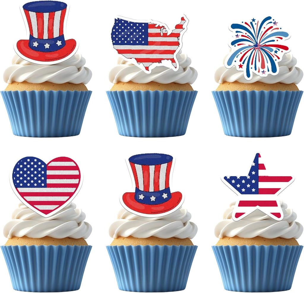 50 PCS Edible President Day Cupcake Toppers Wafer Paper USA American Flag Cupcake Picks Edible Independence Day Party Decorations for Patriotism Theme Anniversary Party Decorations Supplies