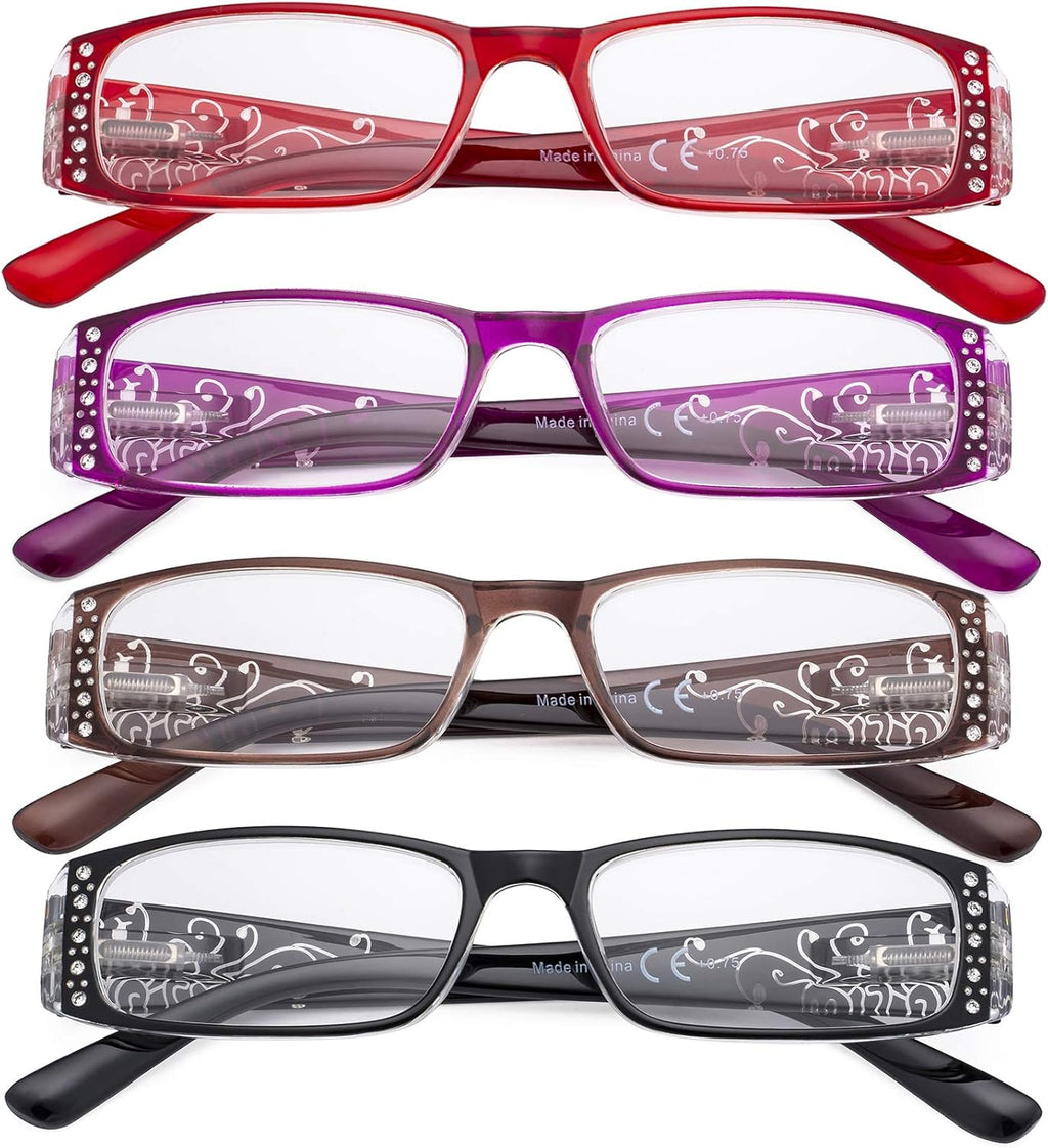 CessBlu Ladies Floral Design Reading Glasses 4 Pack with Crystals for Women Reading