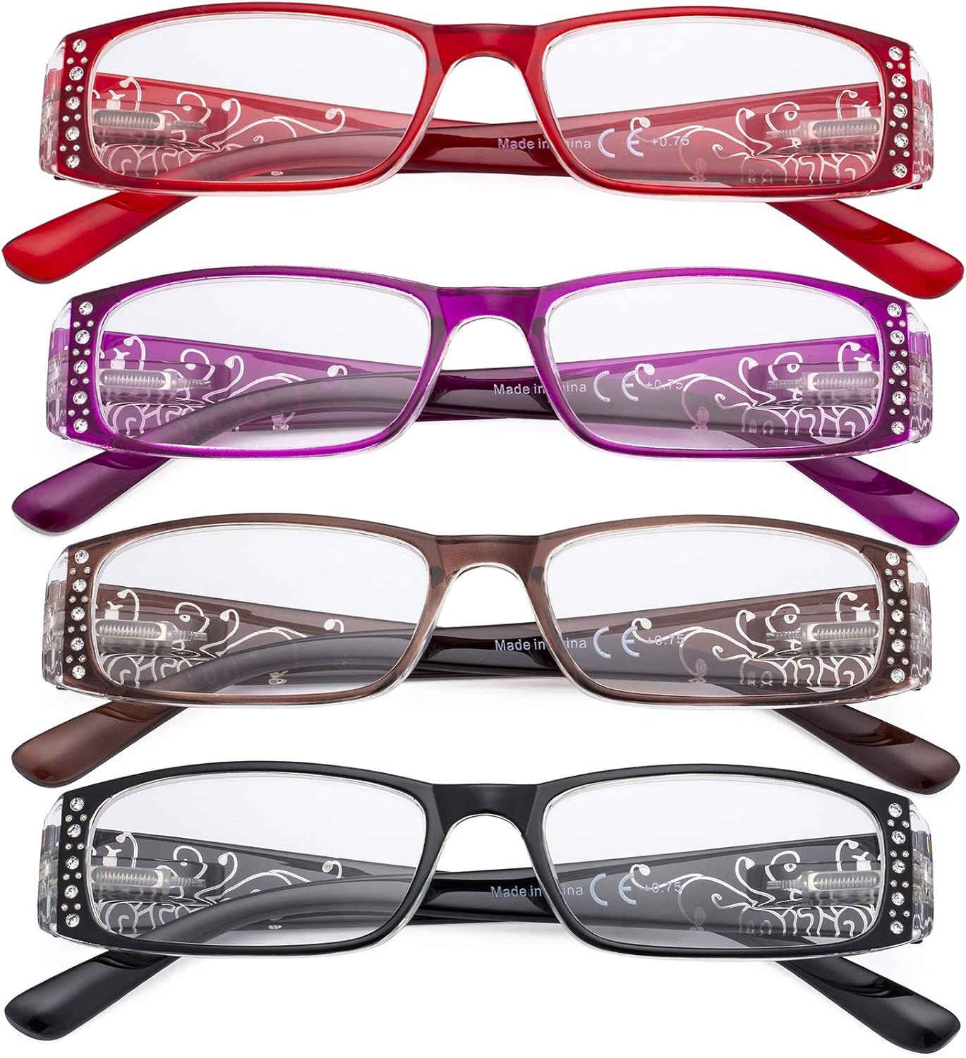 CessBlu Ladies Floral Design Reading Glasses 4 Pack with Crystals for Women Reading