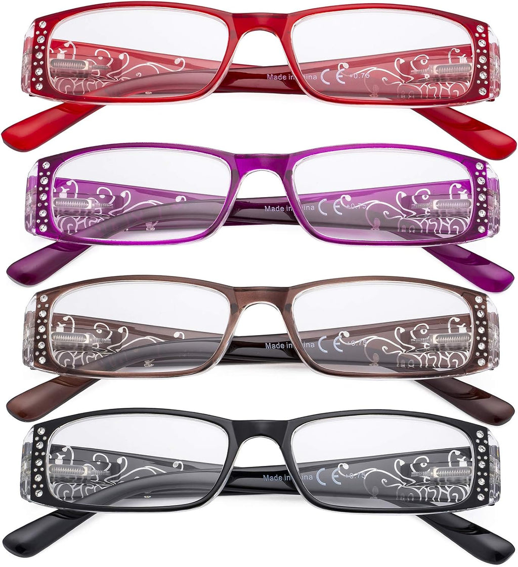 CessBlu Ladies Floral Design Reading Glasses 4 Pack with Crystals for Women Reading