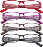 CessBlu Ladies Floral Design Reading Glasses 4 Pack with Crystals for Women Reading