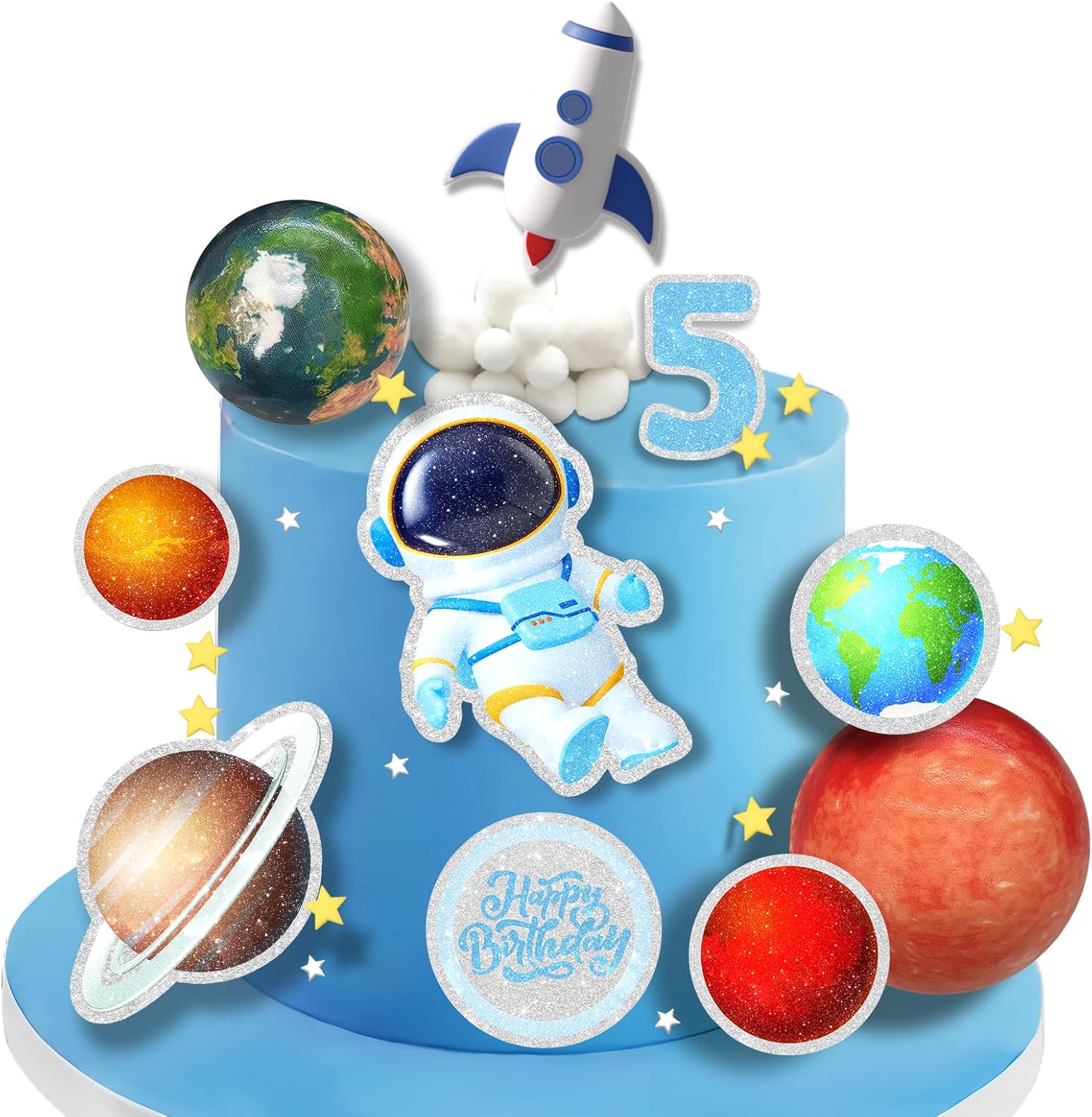 13 PCS Outer Space Cake Topper Happy 5th Birthday Astronaut Planet Rocket Cake Decorations Set for Boys Girls Outer Space Themed Party Kids Birthday Party Baby Shower Supplies